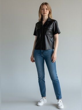 7 for all mankind NWT contemporary pleather vegan button front shirt top medium